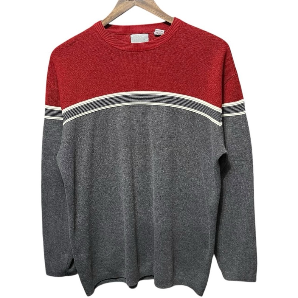 Vintage 90s 2000s Red Grey White Point Zero horizontal striped crewneck sweater